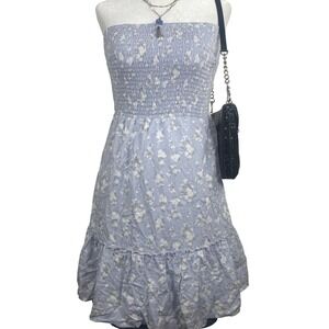 Y2K Cottagecore Hollister Strapless Dress Womens Medium Blue Floral Smocked
